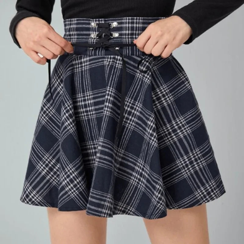 Vintage Y2K Punk Sexy High Waist Mini Skirts Purple Plaid Bandage Harajuku Aesthetic Skirt Goth Grunge Cake Skirt Streetwear - reetell