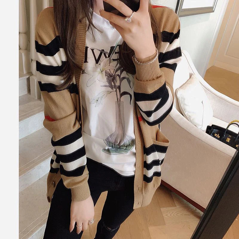 Women Striped Knitted Cardigan Fall Winter Loose Korean Sweater Casual Fashion Office Lady V Neck Single Breasted Design Top - reetell