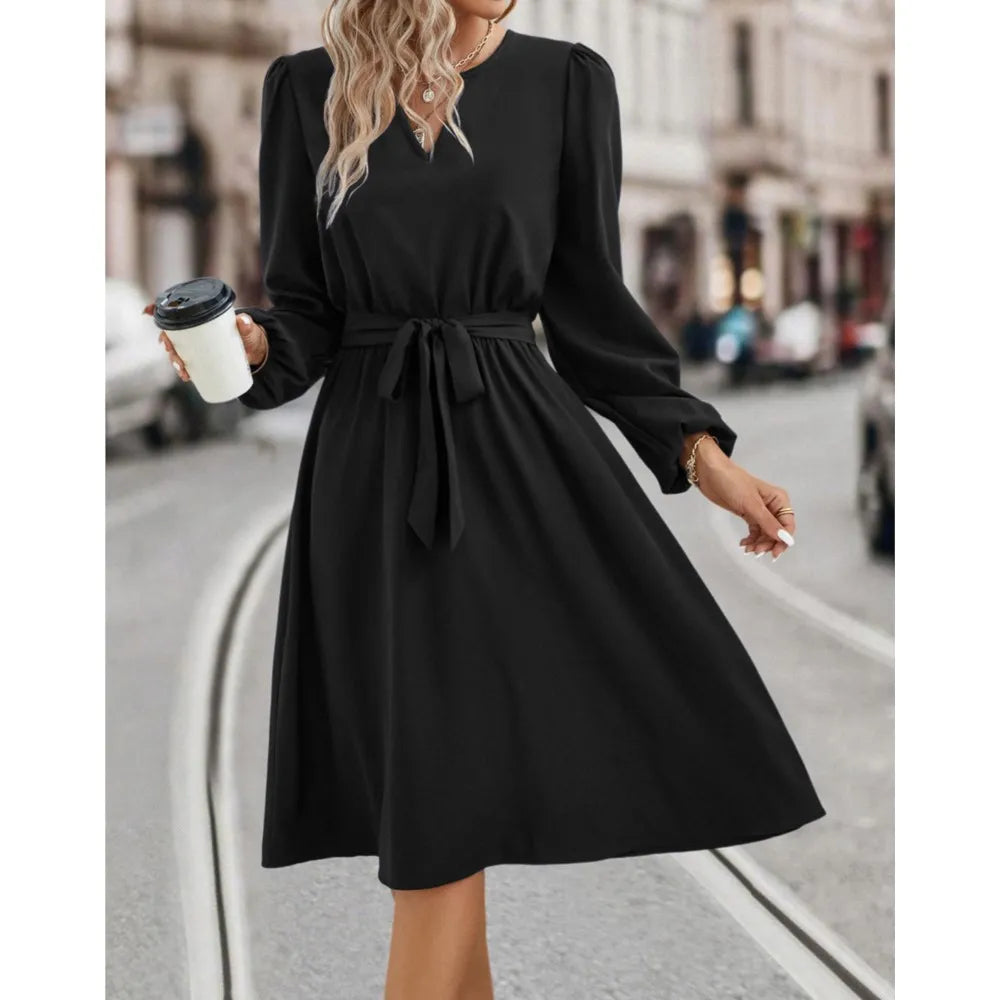 Elegant Women's Solid Color Lace Up Knee Length Dress 2024 New Autumn Winter Women's Long Sleeved V-neck Dress Vestido Femininos - reetell