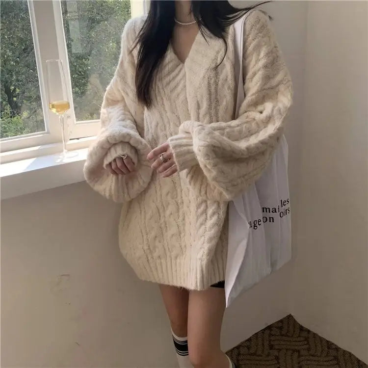 Women's Autumn and Winter Fashion Loose Outer Wear Lazy Style Niche Warm Knit Sweater Top - reetell