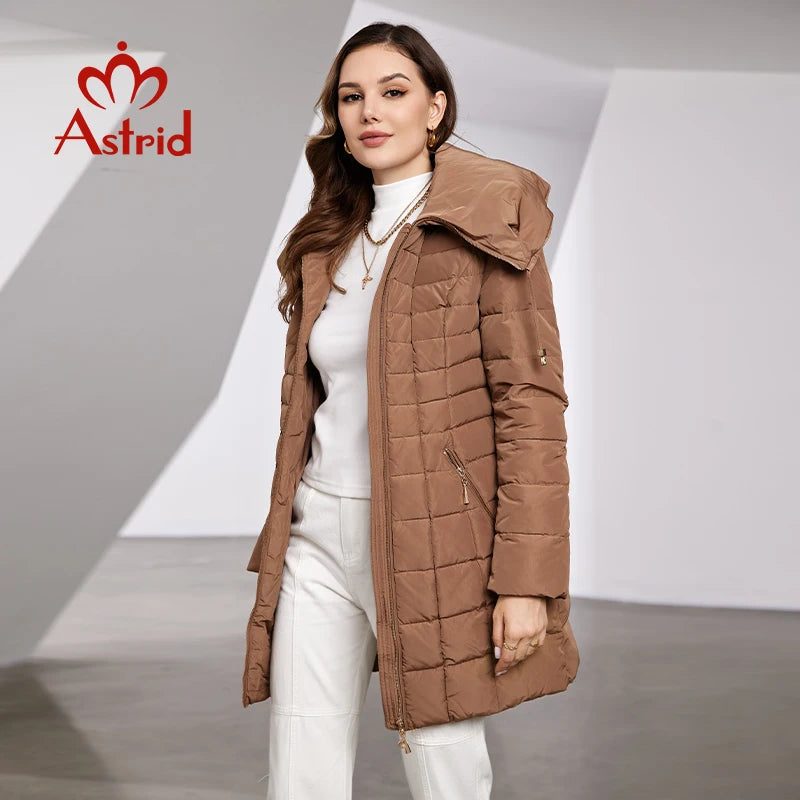 Astrid 2023 New Women's Winter Jacket Hooded Belt Long Parkas Warm Padding Puffer Plaid Quilted Coat Down Jacket Thick Snow Wear