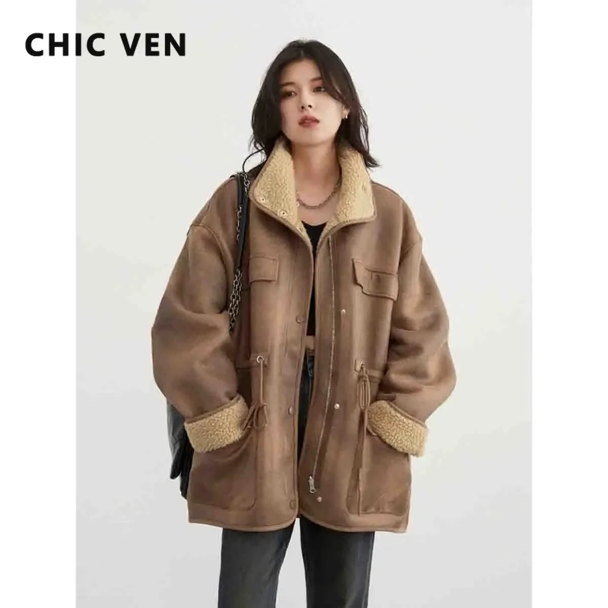 CHIC VEN Women's Jackets Casual Loose Stand Up Collar Coats Reversible Streetwear Female Warm Clothing Autumn Winter New 2024