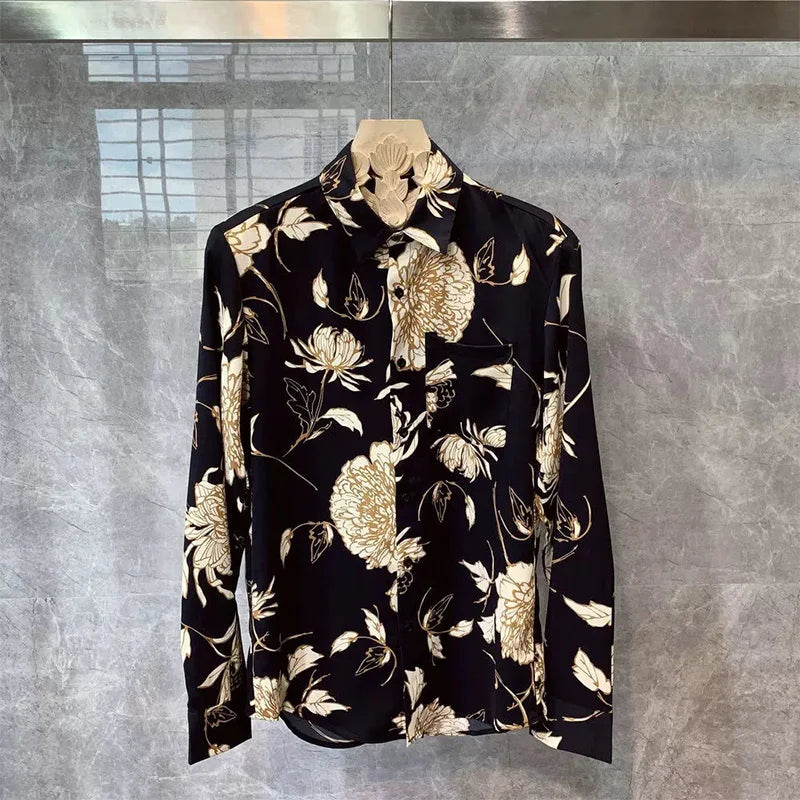 Spring Autumn Polo-neck Personality Leopard Printed Shirt Male Long Sleeve Harajuku Y2K Streetwear Casual Fashion Blouse Top Men