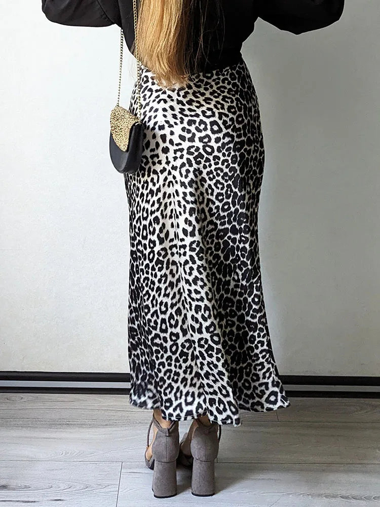 MiuKoMiYa Autumn Satin Leopard Print Maxi Skirt Women High Waist A Line Office Slim Long Leopard Skirt For Women Elegant 2024 - reetell