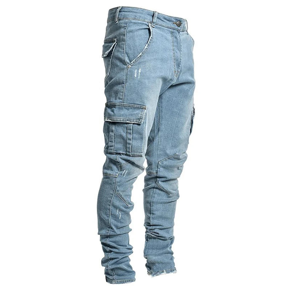 Fashion Streetwear Ripped Skinny Jeans Men Side Mulit Pockets Denim Cargo Pants Slim Fit Pantalones Hombre Soft Elastic Joggers - reetell