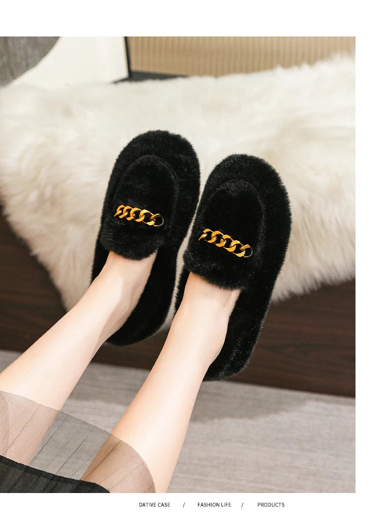 2023 winter women's outdoor plush warm shoes british style metal chain decoration snow boots boat shoes Ladies' casual flats - reetell