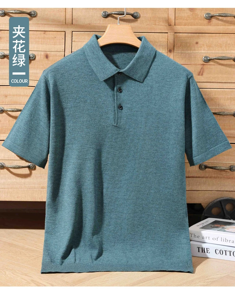 100% merino sweater summer men's lapel pullover short sleeve POLO neck sweater loose top knitted clothing plus size T-shirt