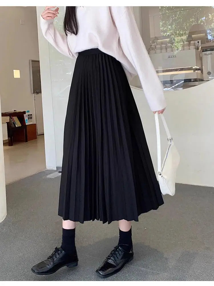 2023 Women Elegant Pleated Skirt High Waist Women Mid-long Skirt Female Ladies High Quality Women Midi Skirt Black Saia - reetell