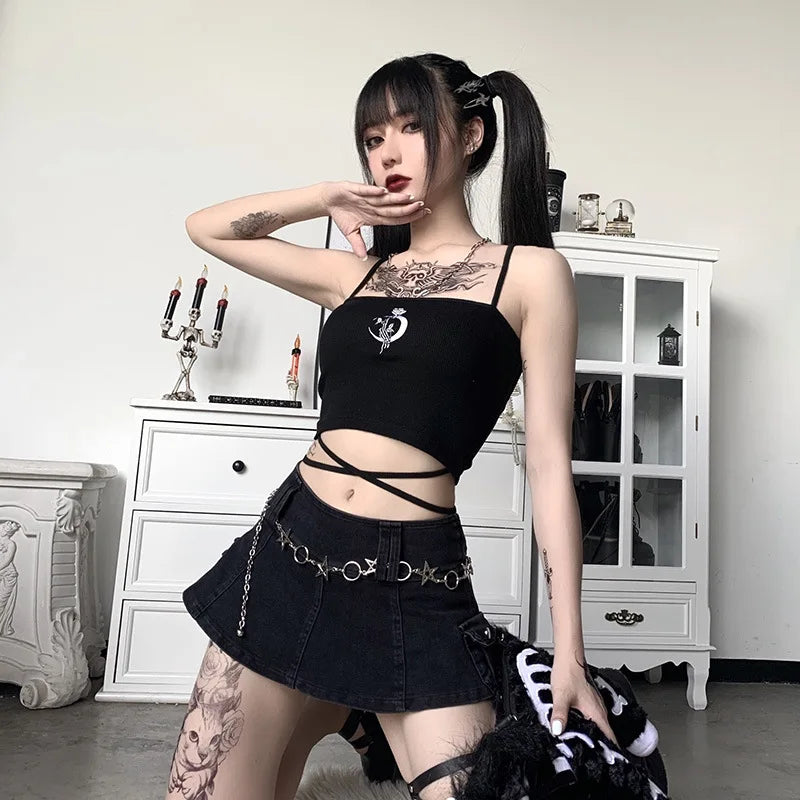 Gothic Women's Print Suspender Sleeveless Square Neck Slim Crop Top Sexy Halter Bottoming Shirt  Girls Party Wear - reetell