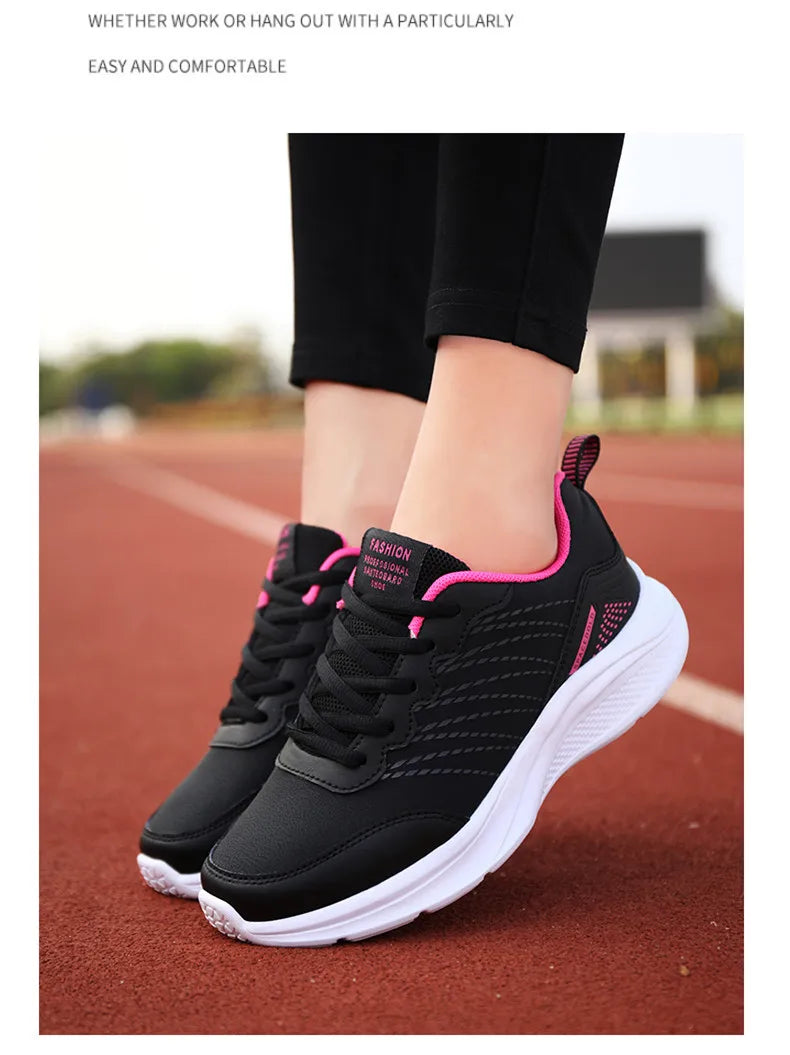 Waterproof Leather Chunky Sneakers for Women, Running Shoes, Casual Sports Shoes, Black Trainers, Autumn, Spring