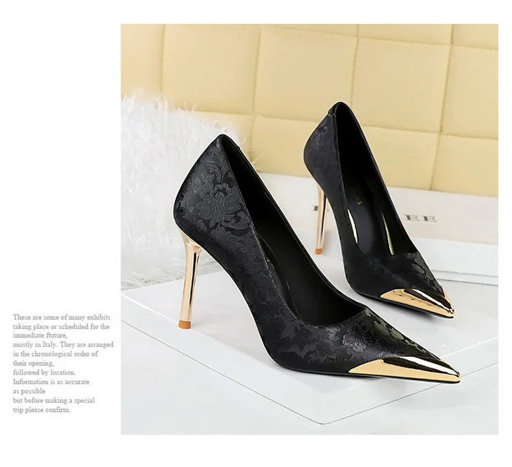 BIGTREE Shoes Metal Pointed End Women Pumps Silks Satins High Heels Ethnic Style Women Stilettos Heels 10 Cm Banquet High Heels