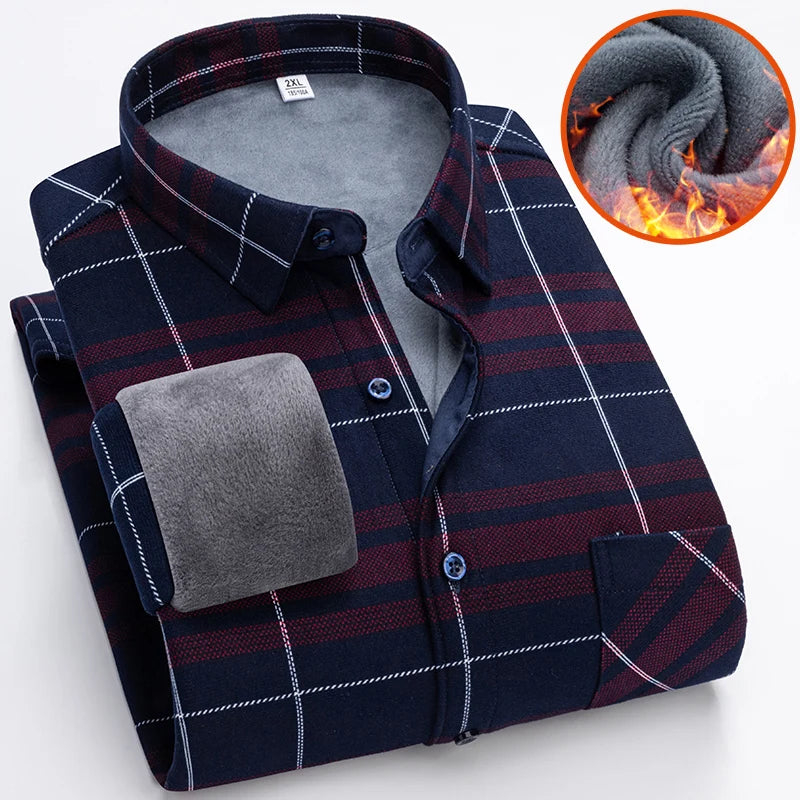 Autumn Winter Thicken Fleece Shirt Men Business Plaid Shirt Long Sleeve Warm Clothes Turn Down Collar Button Up Shirts Classic - reetell