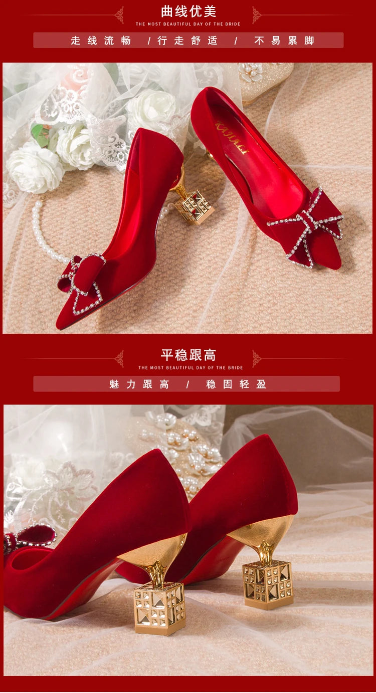 Autumn New Ladies High Heels Pointed Toe Shaped Heel High 5cm and 7cm Wedding Shoes Square Buckle Travel Banquet Shoe High Heels