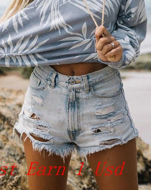 Summer Ripped Washed American High Waist Pierced Tassel Denim Shorts Women's Hot Pants Pant Casual Tassel Tight Street Pants - reetell