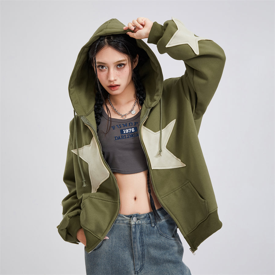 wsevypo Grunge Retro Star Print Hoodies Autumn Women's Long Sleeve Zip-up Hooded Sweatshirts with Front Pocket Street Outwear - reetell