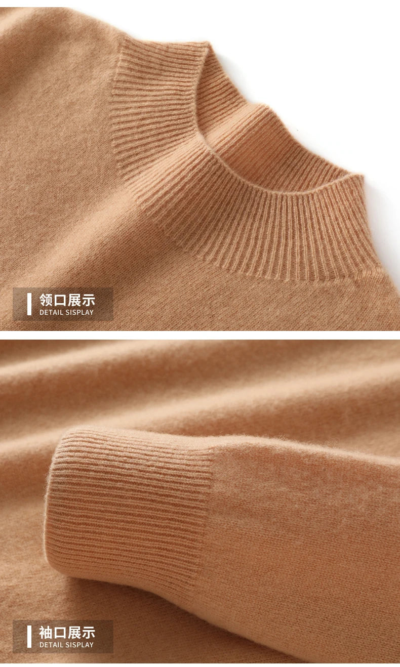 Spring Autumn 100% Merino Wool Pullover Sweater Cashmere Knitwear Men Mock-Neck Long-sleeve Basic Clothing Grace Tops - reetell