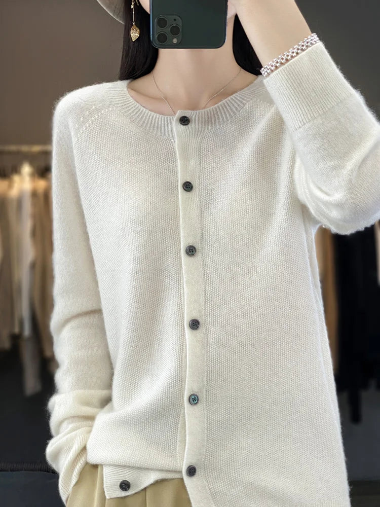 Fashion Women 100% Merino Wool Cardigans Cashmere Sweater Autumn Winter O-neck Long Sleeve Knitwear Female Basic Clothing Tops - reetell