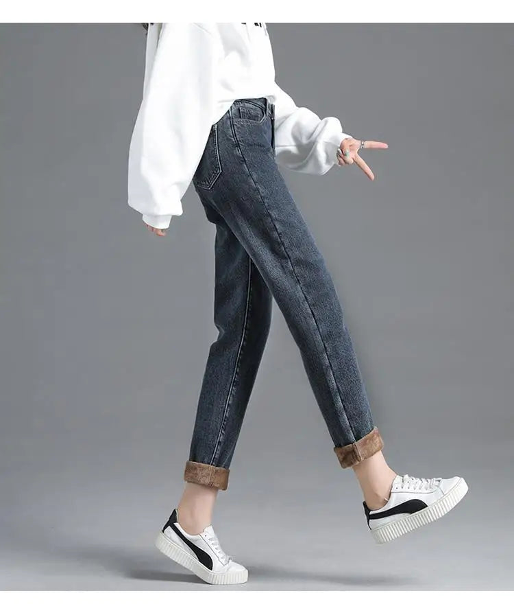 Winter Warm Fleece Jeans Women's High Waist Thick Harlan Straight Denim Pants Plus Size Loose Trousers Lady High Waisted Jeans - reetell