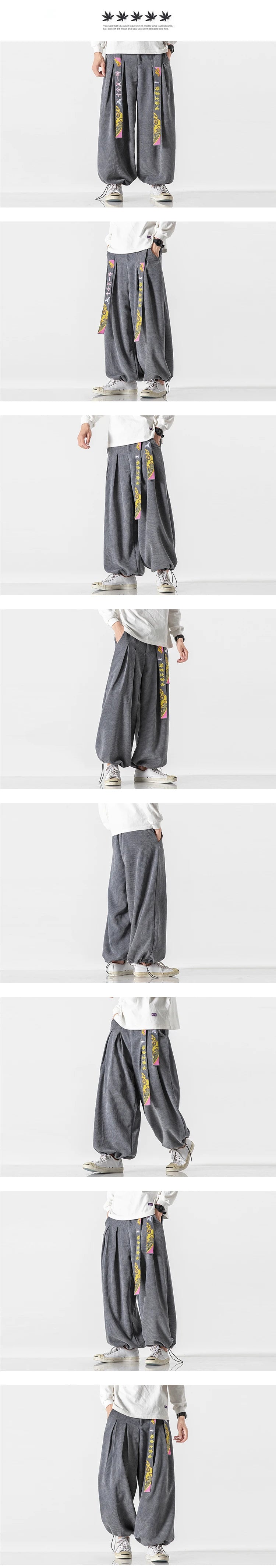 Chinoiserie Belt Men Pants Fashion Loose Harajuku Sports trousers Hip Hop Jogging Pants Corduroy Casual Couple Harem Pants M-5XL