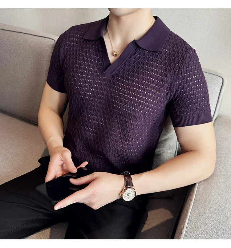 Men's Polo Shirt 2024 Summer New Light and Thin Knitted Hollow Solid Color Casual Short Sleeved V-neck T-shirt Men's Clothing