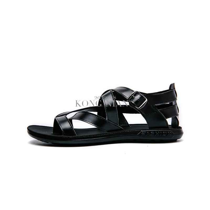 Rome Style Men Leather Sandals Cross Strap White Solid Men 2022 Summer Beach Shoes Size 38-45 Daily Casual Outdoor Driving