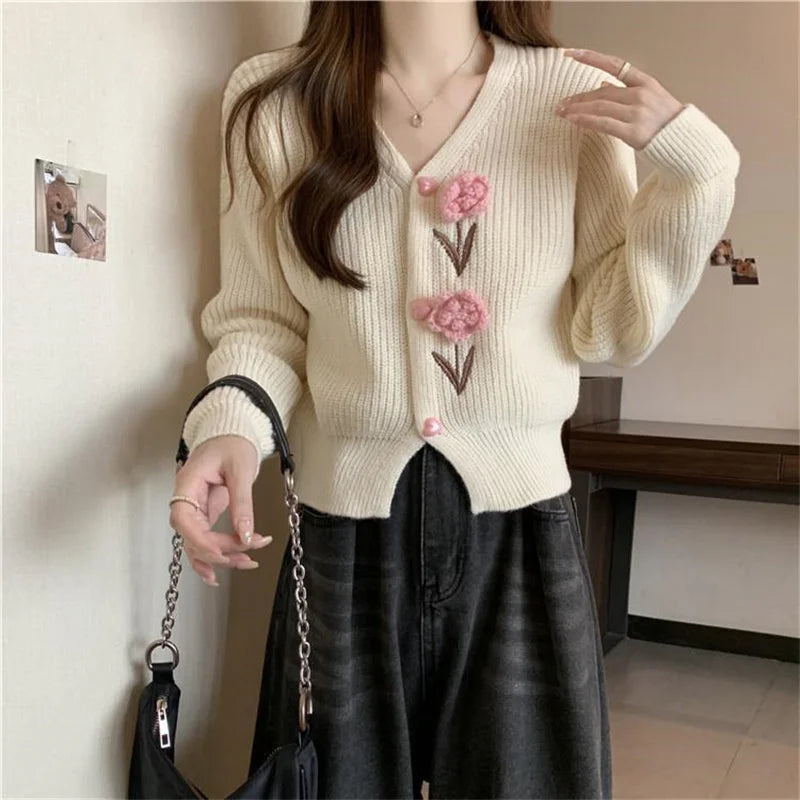 Heavy Industry Beautiful Flowers Knitted Cardigan Sweater Women Slim In Autumn And Winter With Small Cardigan V-neck Short Coat - reetell