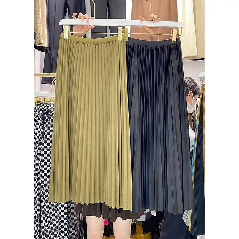 2023 Women Elegant Pleated Skirt High Waist Women Mid-long Skirt Female Ladies High Quality Women Midi Skirt Black Saia - reetell