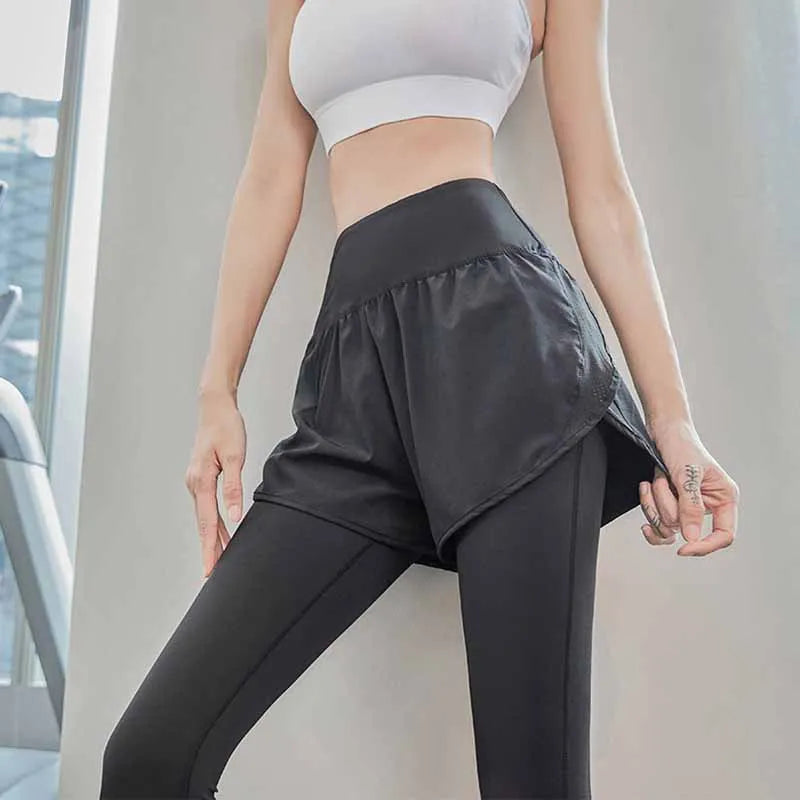 Women Gym Yoga Pants Fake 2 Pieces Sports Pants With Shorts Quick Dry Outdoor Fitness Training Workout Running Tights Leggings - reetell