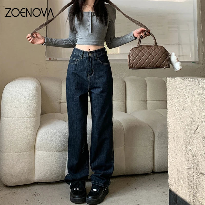 ZOENOVA High Waist Straight Women's Jeans 2024 Spring Korean Fashion Ladies Simple Versatile Loose Dark Blue Wide Leg Trousers - reetell