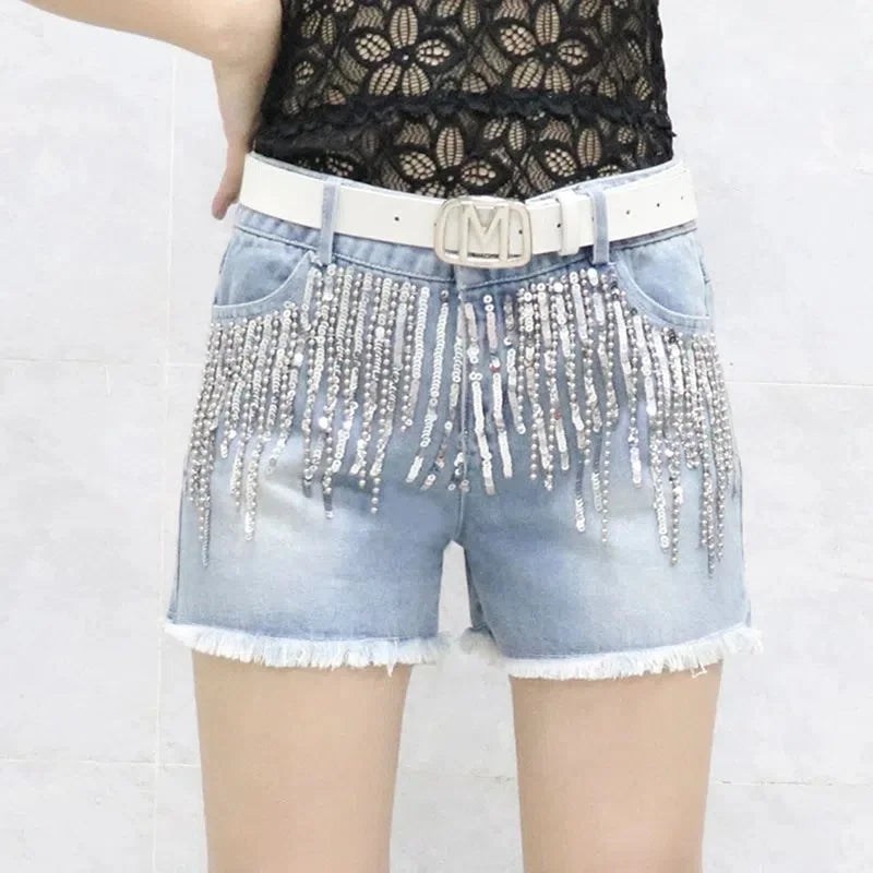 Black Sequins tassels Denim Shorts Women's Streetwear 2023 Summer New Korean Slim Chain Trend Hot Pants White Casual Short Jeans - reetell