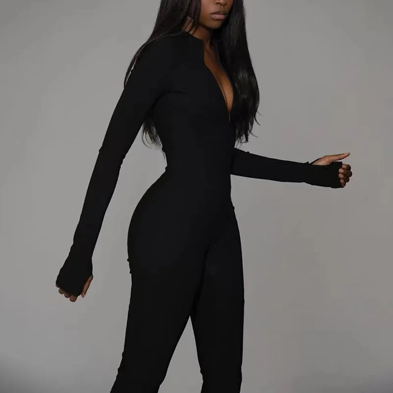 2024 New Solid Bodycon Jumpsuit Women Sporty Rompers Summer Fitness Long Sleeve Zipper Elastic One Piece Elegant Black Bodysuit