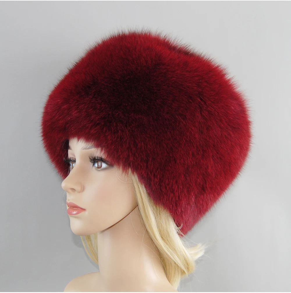 2024 Russian Style Female Round Cap Fashion Real Fur Hats Natural Fox Fur Women Winter Warm Bomber Hat Fluffy Popular Beanies - reetell