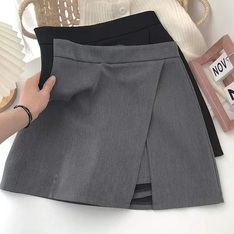 Lucyever Black Gray Women Skirts A-Line Korean Style High Waist Split Mini Skirt Woman Simple Casual Office Shorts Skirts Female - reetell