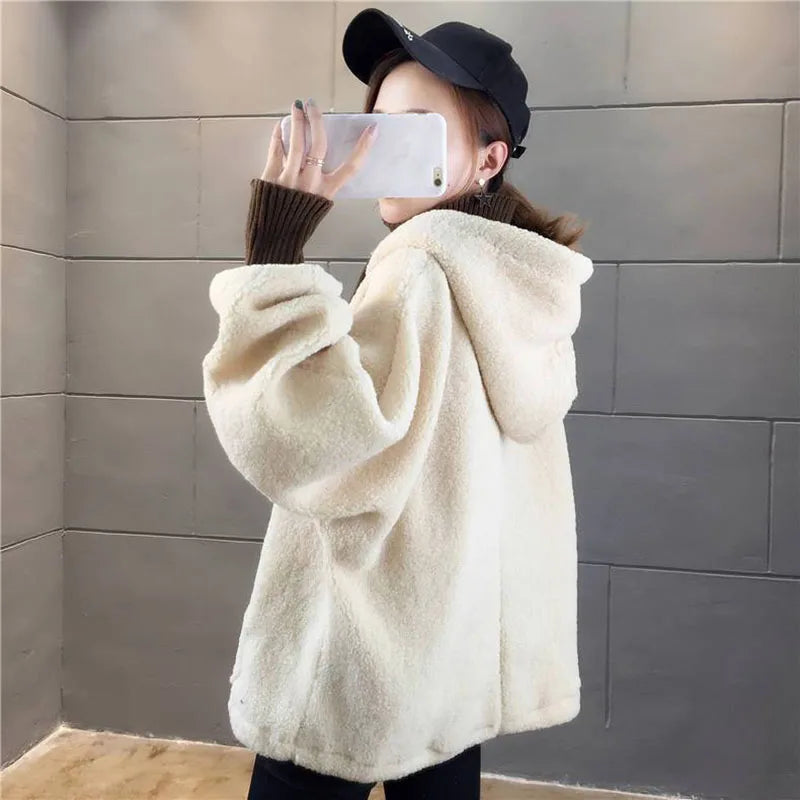 Faux Lamb Sweatshirt Women Loose Fake Two Piece Fashion Hoodies Fluffy Big Pocket Letter Long Sleeve Winter Female Tops - reetell