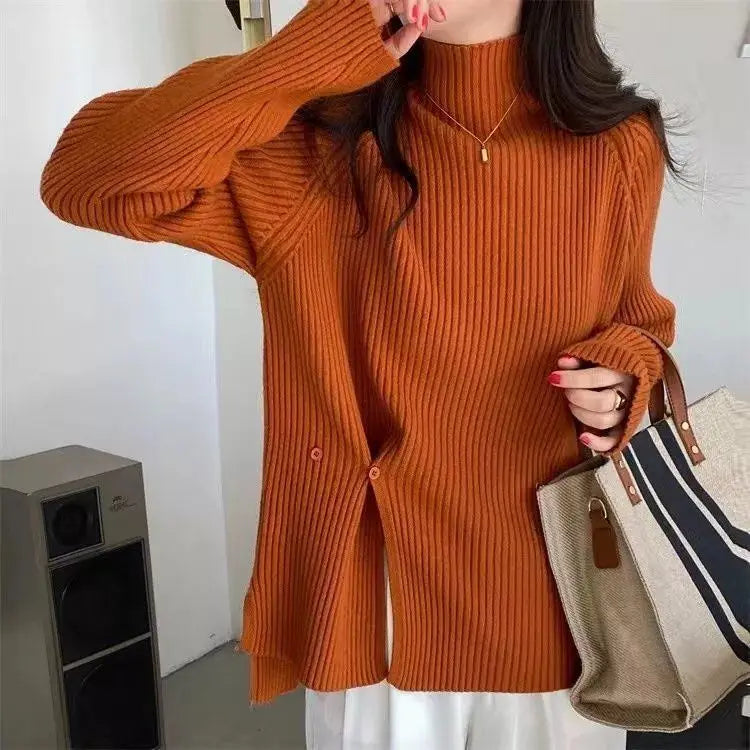 Women's Knit Sweater Off-white Loose Turtleneck Ladies PulloversButtons Slit Hot Sale Winter Offers Trend New Knitwear 2024 - reetell