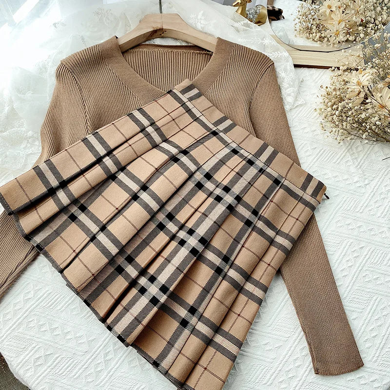 Contrast Color Plaid Striped Skirt Korean Version of Pleated Skirt Autumn High Waist A Line Plaid Mini Skirt Student Style Sweet - reetell