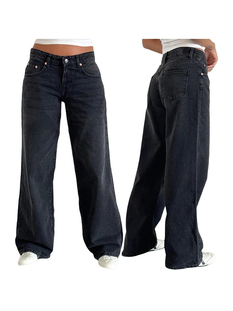 Women's Low Rise Jeans Wide Leg Trousers with Multi Pockets Oversized Fit Floor Length Buttons and with zip Washed Denim Pants - reetell