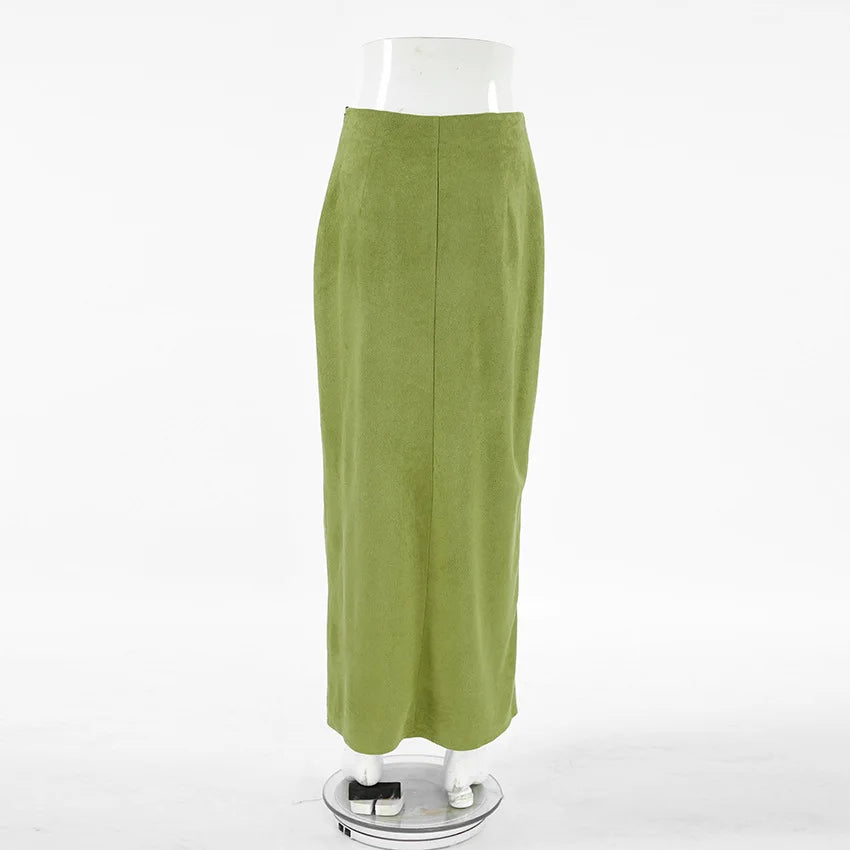 Fashion High Waisted Suede Straight Leg Skirt Women Spring Autumn Green Elegant Split Ziped Slim Mid Length Skirts Female New - reetell