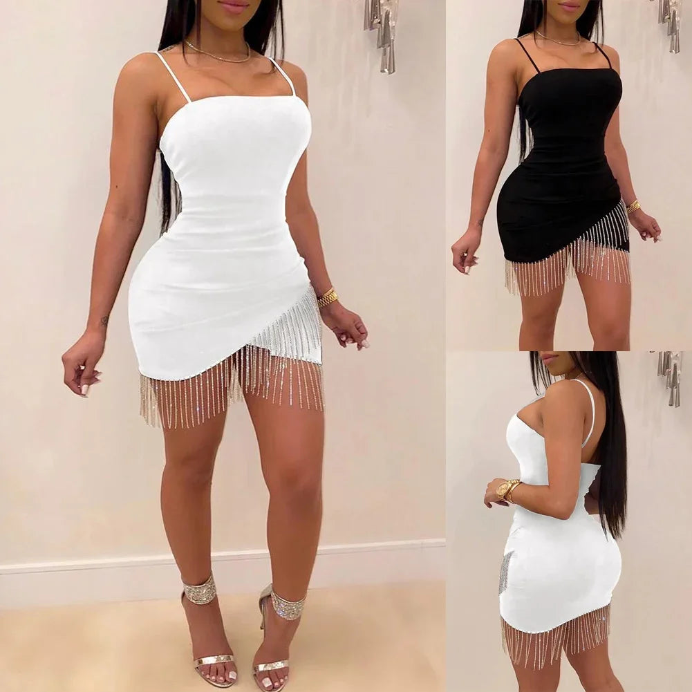 Woman Dress New Party Night Birthday Tassel Split Sleeveless Bodycon Elegant Suspender Short Mini Pencil Sexy Dresses - reetell