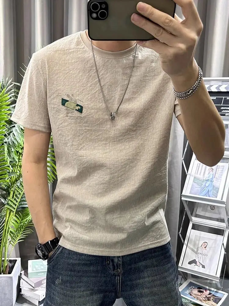 Male Tees Shirts White Linen Tops Katoen Print Men's T-shirt Graphic Streetwear Korean Popular Clothes Basic Wholesale Harajuku - reetell