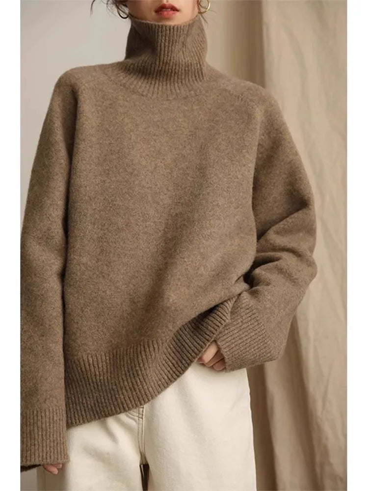 2024 Autumn and Winter New Thick Cashmere Sweater Women High Neck Pullover Sweater Warm Loose Knitted Base Sweater Jacket Tops - reetell