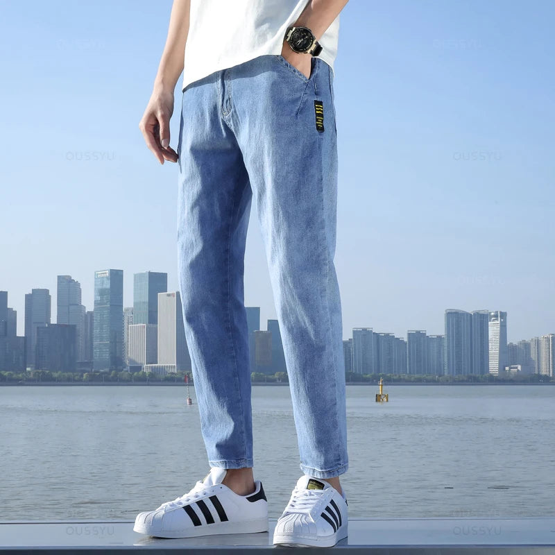 2024 New Men's Stretch Ankle Length Jeans Light blue Fashion Casual Cotton Slim Fit Denim Pants Korean Trousers Male Brand Cloth - reetell