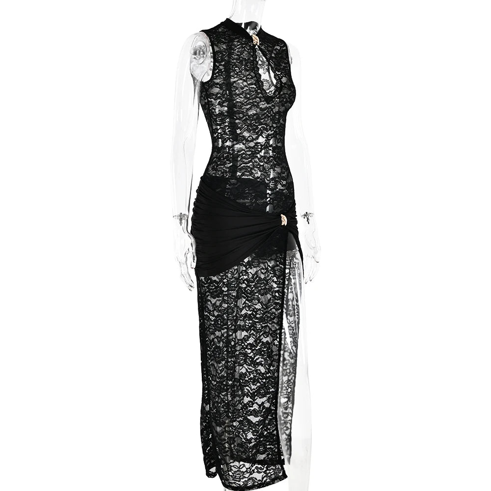 Fantoye Sexy Hollow Out High Slit Lace Women Maxi Dress Black See Through Evening Dress Female Autumn New Elegant Party Clubwear - reetell