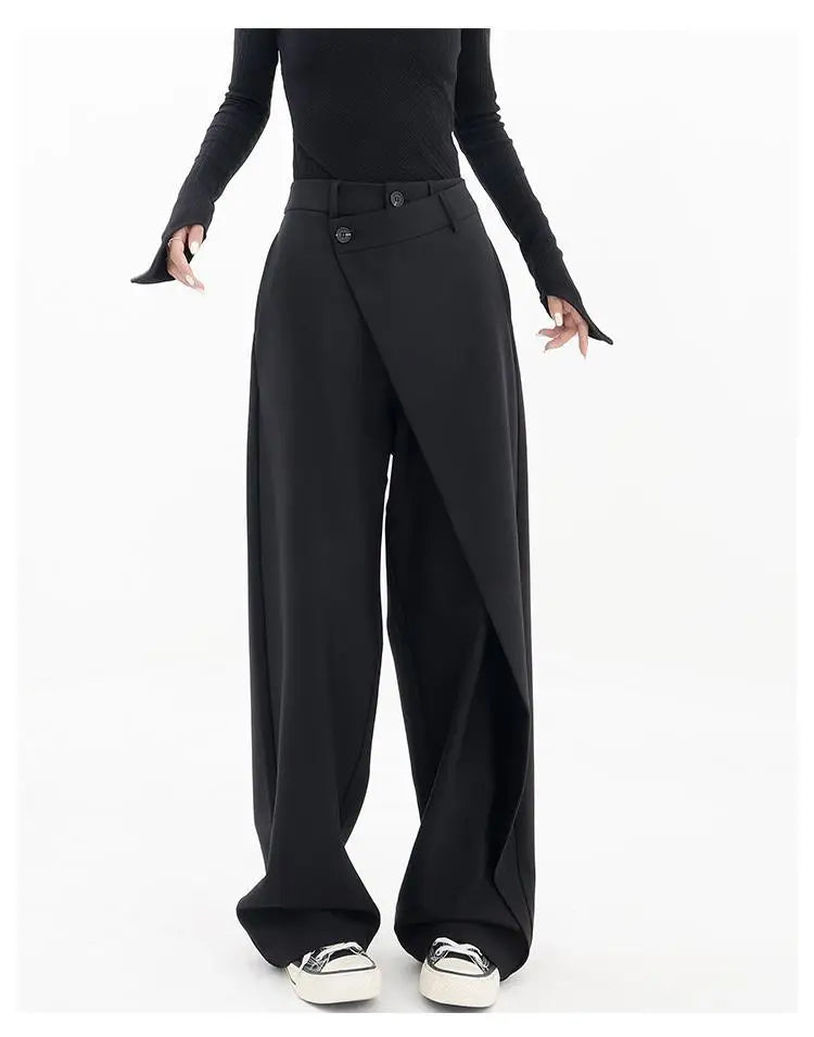 HOUZHOU Women Wide Suit Pants High Waist Gothic Japanese Style Baggy Black Trousers Irregular Straight Pants Casual Streetwear - reetell