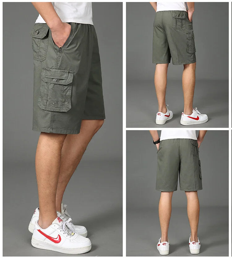 2024 Shorts Men Bermuda Cotton Pocket Zip Cargo Shorts Fashion Style Elastic Army Male Summer Casual Knee Length Vintage Yellow - reetell