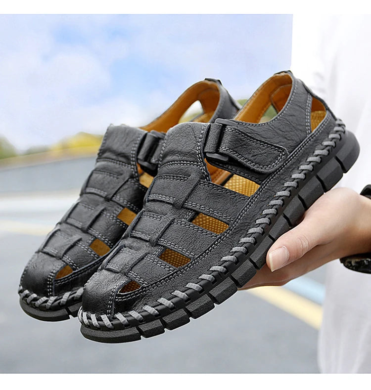 Genuine Leather Sandal for Men Round Toe Lightweight Comfortable Trendy All-match Breathable Fashion Non-slip Shoes Summer Main