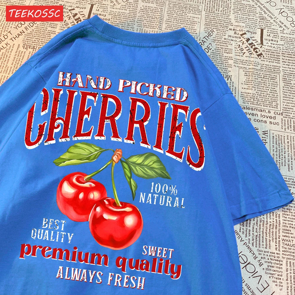 Fashion Cotton Women'S T-Shirts Hand Picked Cherries Printing Tops Oversize Crewneck Soft Short Sleeve Street Female Clothes - reetell