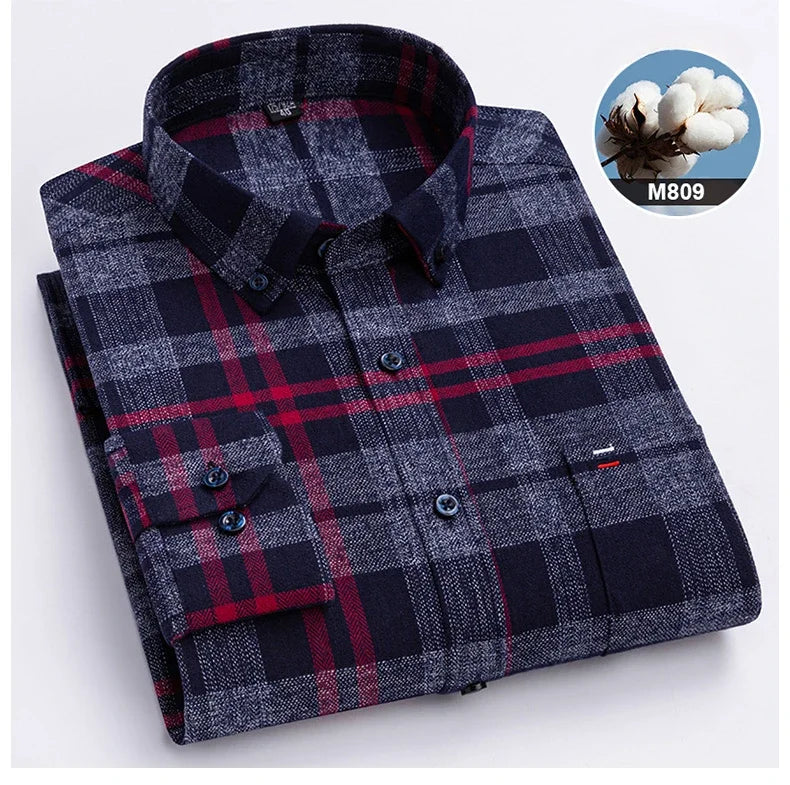 Hight qulity plus size 7XL100%cotton brushed long sleeve shirts for men korean plaid slim fit formal shirt soft designer clothes