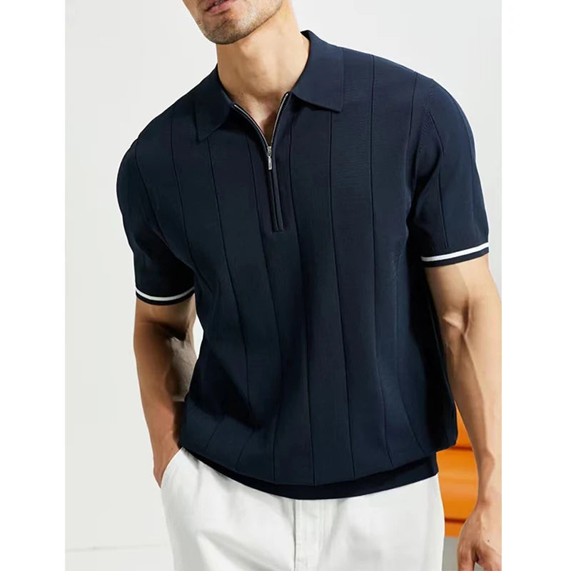 Summer New Men Clothing Lapel Zippers Polo Shirts Fashion Business Casual Vertical Lines Loose Solid Short Sleeve Thin Tops 2024