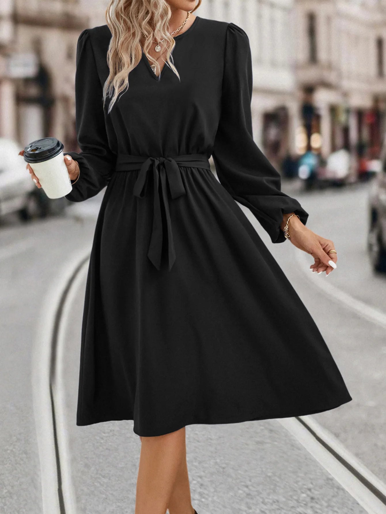 Elegant Women's Solid Color Lace Up Knee Length Dress 2024 New Autumn Winter Women's Long Sleeved V-neck Dress Vestido Femininos - reetell